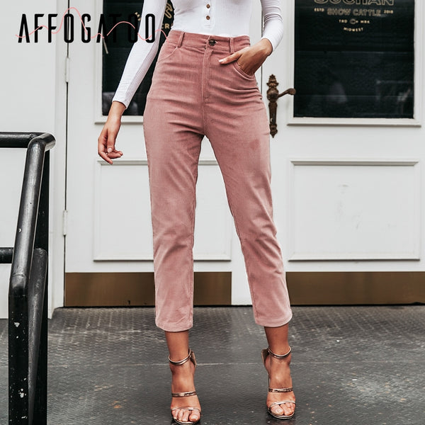 Affogatoo Casual fashion women ninth pants Vintage High waist corduroy pencil pants Autumn winter streetwear female pink pants