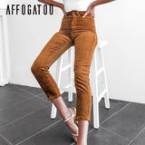 Affogatoo Casual fashion women ninth pants Vintage High waist corduroy pencil pants Autumn winter streetwear female pink pants