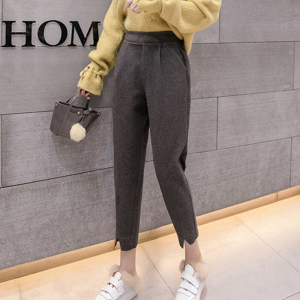 Autumn Woolen Trousers Women 2019 Elastic High Waist Loose Winter Pants Women Pantalones Split Pants For Women Bottoms Womens